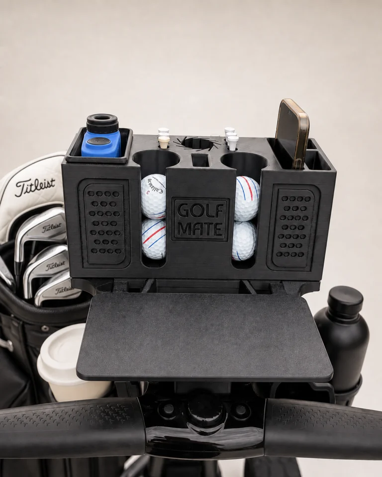 Front view showing the GOLF MATE name, four golf balls, phone and rangefinder